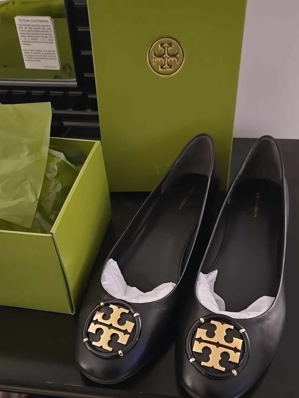 Tory Burch Black Leather Ballet Flats with Gold Logo Medallion